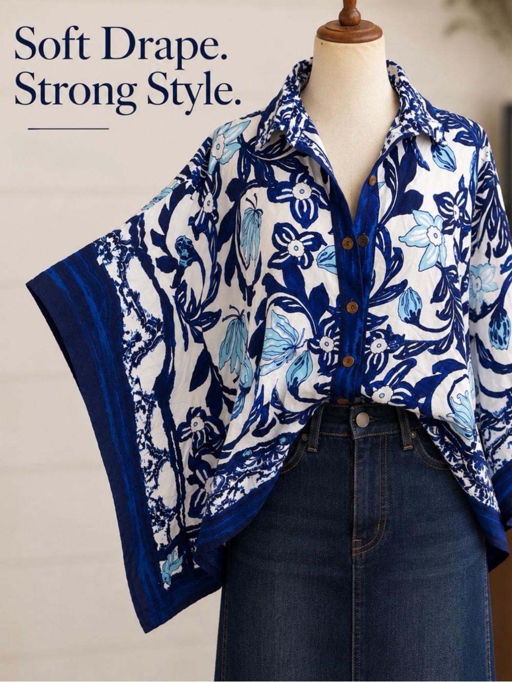 Chico's Blue Floral Border Print Dolman Sleeve Blouse | S/M
